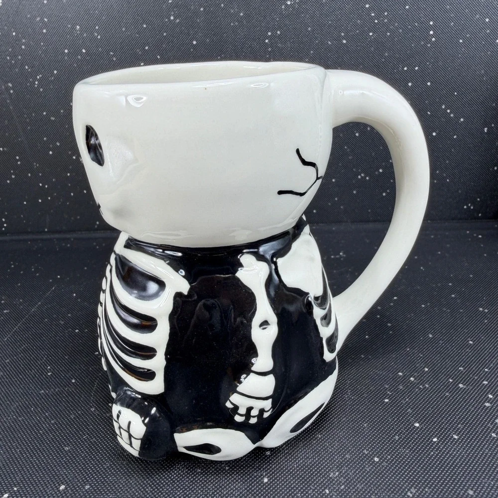 Pottery Barn Skeleton Mugs Set of 2 Black White Ceramic Halloween Coffee Cups